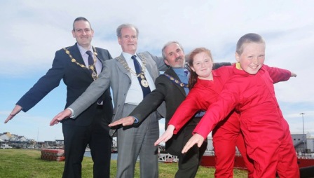 The Red Arrows are set to perform to celebrate the official Race Start of the Clipper 2013-14 Race at Greencastle, Co. Donegal on Sunday 29 June 2014 are Mayor of Derry City Council, Councillor Martin Reilly, Mayor of Donegal Cllr. Ian McGarvey and Mayor of Limavady Councillor Gerry Mullan with Fiona McLaughlin and John Lynch