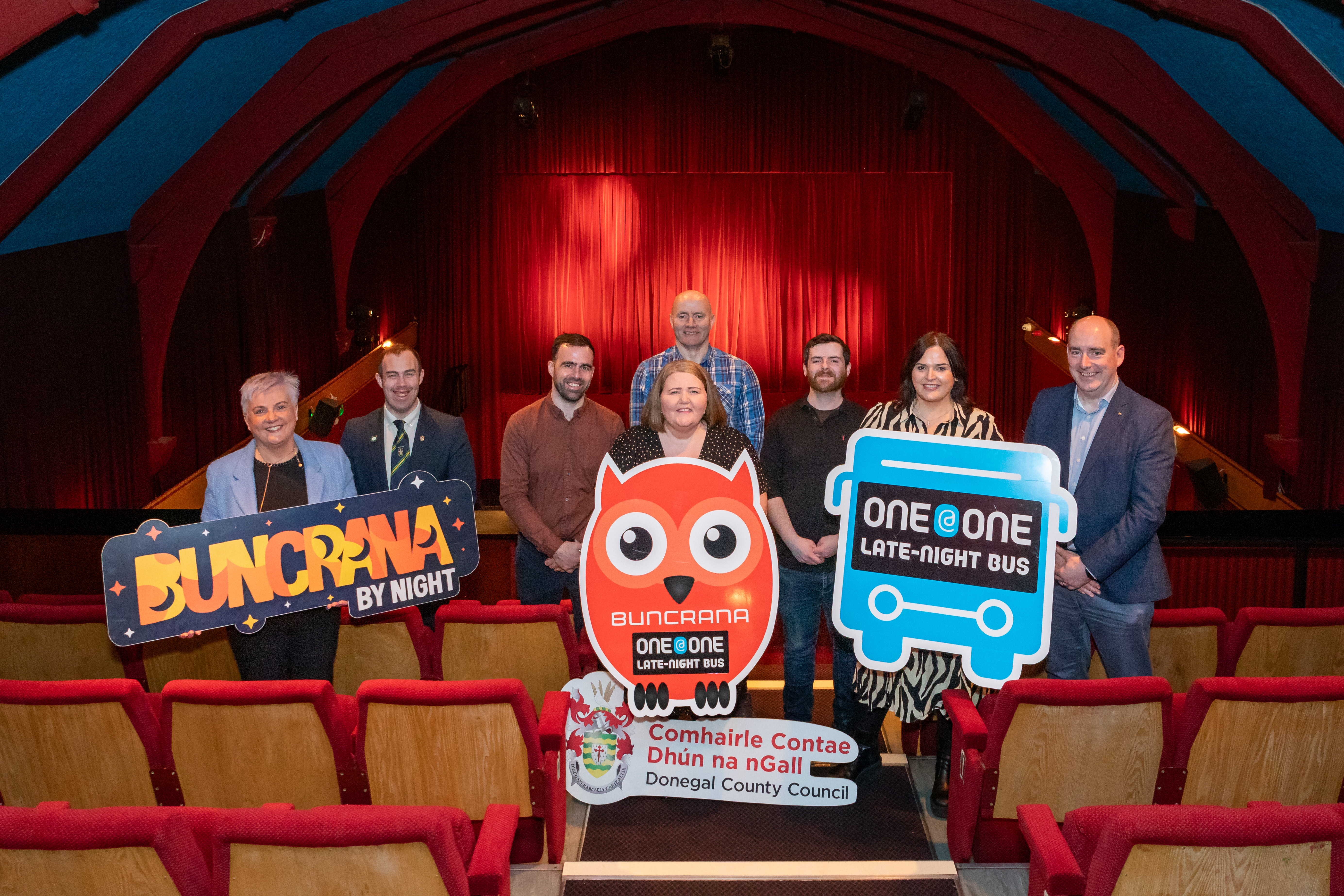 Shauna McClenaghan (IDP – Buncrana Town Team), Fionán Bradley (DCC Councillor – NTE Steering Committee), Jack Murray (DCC Councillor), Paul McGonigle (IDP – Buncrana Town Team), Joy Beard (DCC Councillor), Anthony Barber (Buncrana Town Team), Sophie Gallagher (Donegal County Council -Night-Time Economy Advisor Buncrana), Bryan Cannon (Donegal County Council – Director Of Services)