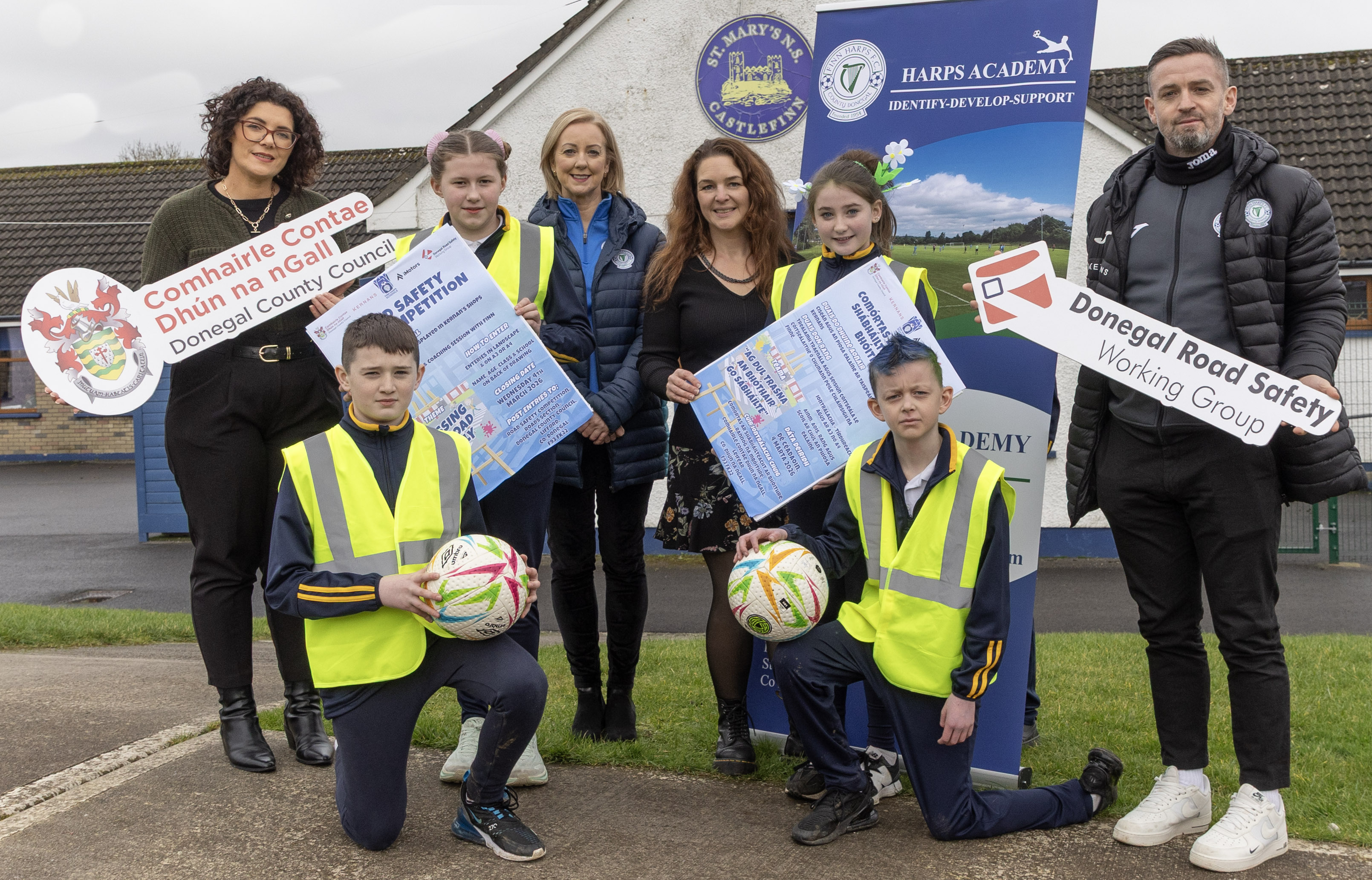 At the launch of the Donegal County Council, Donegal Road Safety Working Group Primary School Road Safety Art Competition in association with Finn Harps F.C. at St Mary’s National School, Castlefinn Fifth and Sixth class students with from left Pamela Smullen, Donegal County Council, Aisling Dignam, Finn Harps Academy, Rachel McCready, Vice Principal and Kevin Mc Hugh, Finn Harps FC.