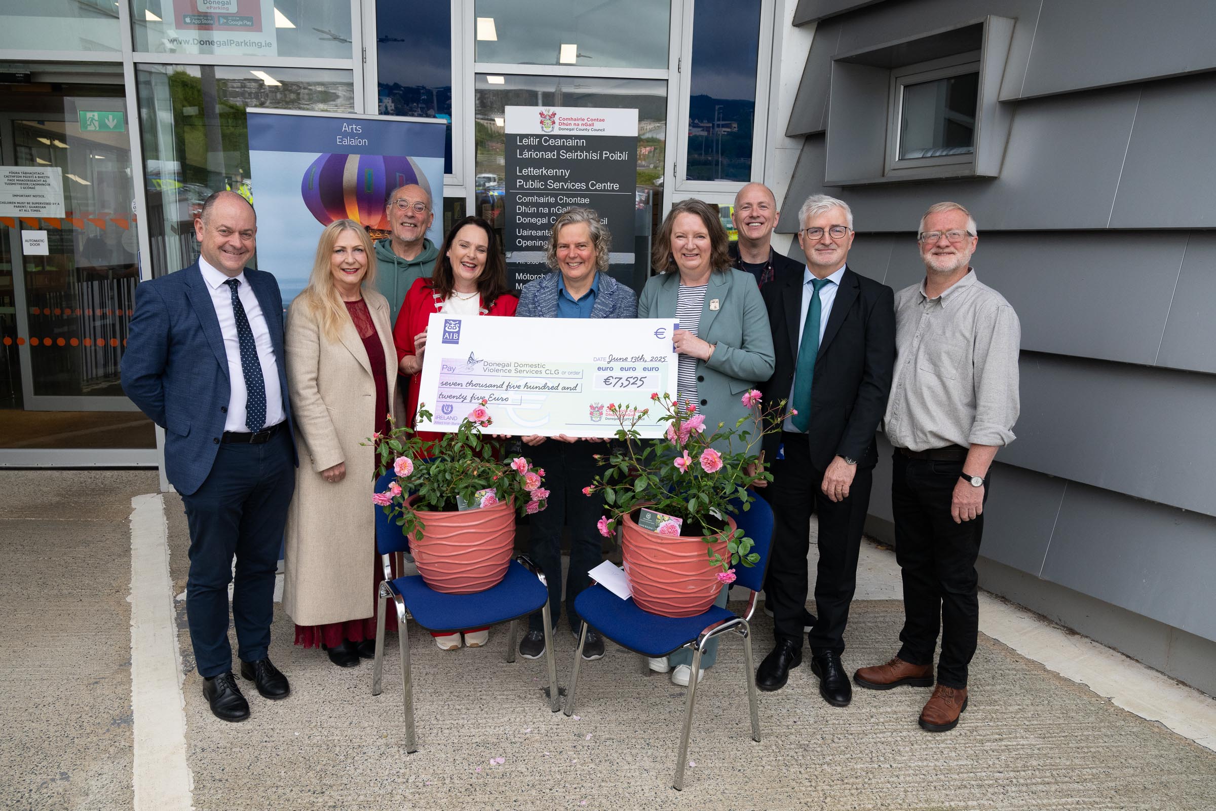 (Photo by Clive Wasson. l/r Patsy Lafferty, Director of Service, Housing, Corporate, Culture, DCC; Mairéad Ní Mhaonaigh, Musician, Singer; Traolach Ó Fionnáin, Arts Officer, DCC; Cllr. Niamh Kennedy, Cathaoirleach, DCC; Dr. Maire Hainsworth, CEO, Donegal Domestic Violence Services; Patricia McBride, Director, An Grianán Theatre; Andrew McNulty, Arts & Cultural Diversity Officer, DCC; John McLaughlin, Chief Executive, DCC and Eugene McElroy, Board of Directors, Donegal Domestic Violence Services)