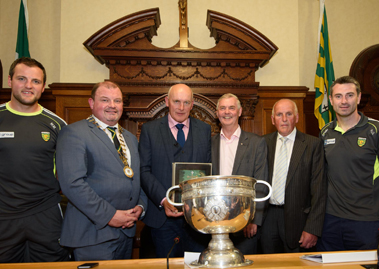 Michael Murphy, Cllr Ciaran Brogan, Anthony Molloy, Brian McEniff and Rory Gallagher pictured at the Civic Reception held in honour of Anthony Molloy on Tuesday 7 June 2016 where he received the Freedom of County Donegal.
