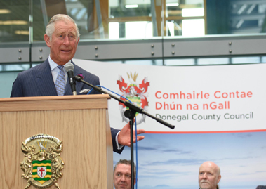 The Prince of Wales speaking at the Donegal County Council Reception at the Letterkenny Institute of Technology during a one day visit. Photo:- Clive Wasson 