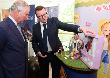 The Prince of Wales with Ian Harkin, from Arklu, who created a limited edition figurine of the Due and Dutchess of Cambridge to Mark the Royal Couples marriage. Photo:- Clive Wasson — with LOTTIE at Letterkenny Institute of Technology.