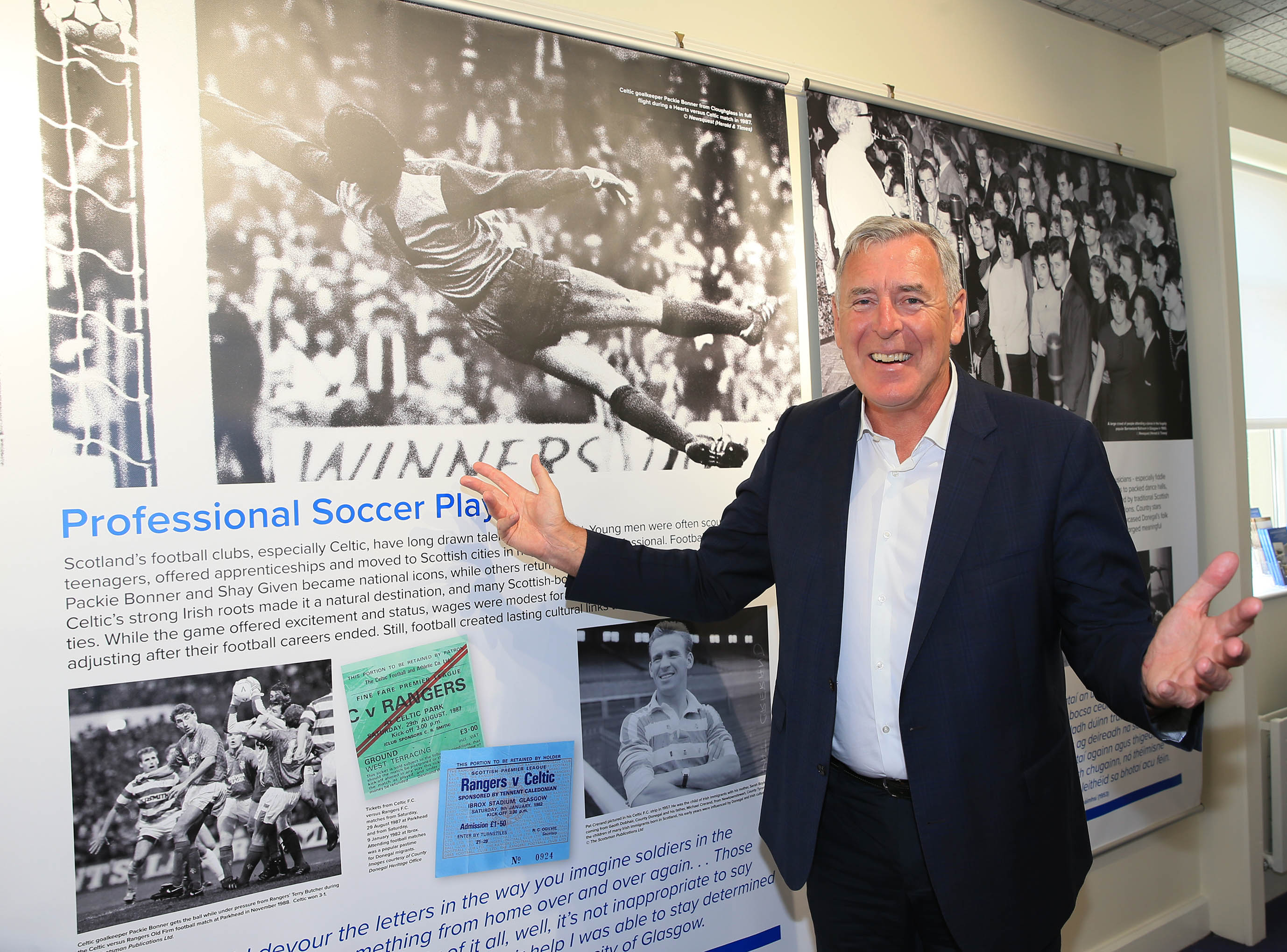 Donegal Diaspora Ambassador Packie Bonner at the launch of the ‘Working Over By’ exhibition in the Donegal County Museum in July 2025. Photo: Declan Doherty