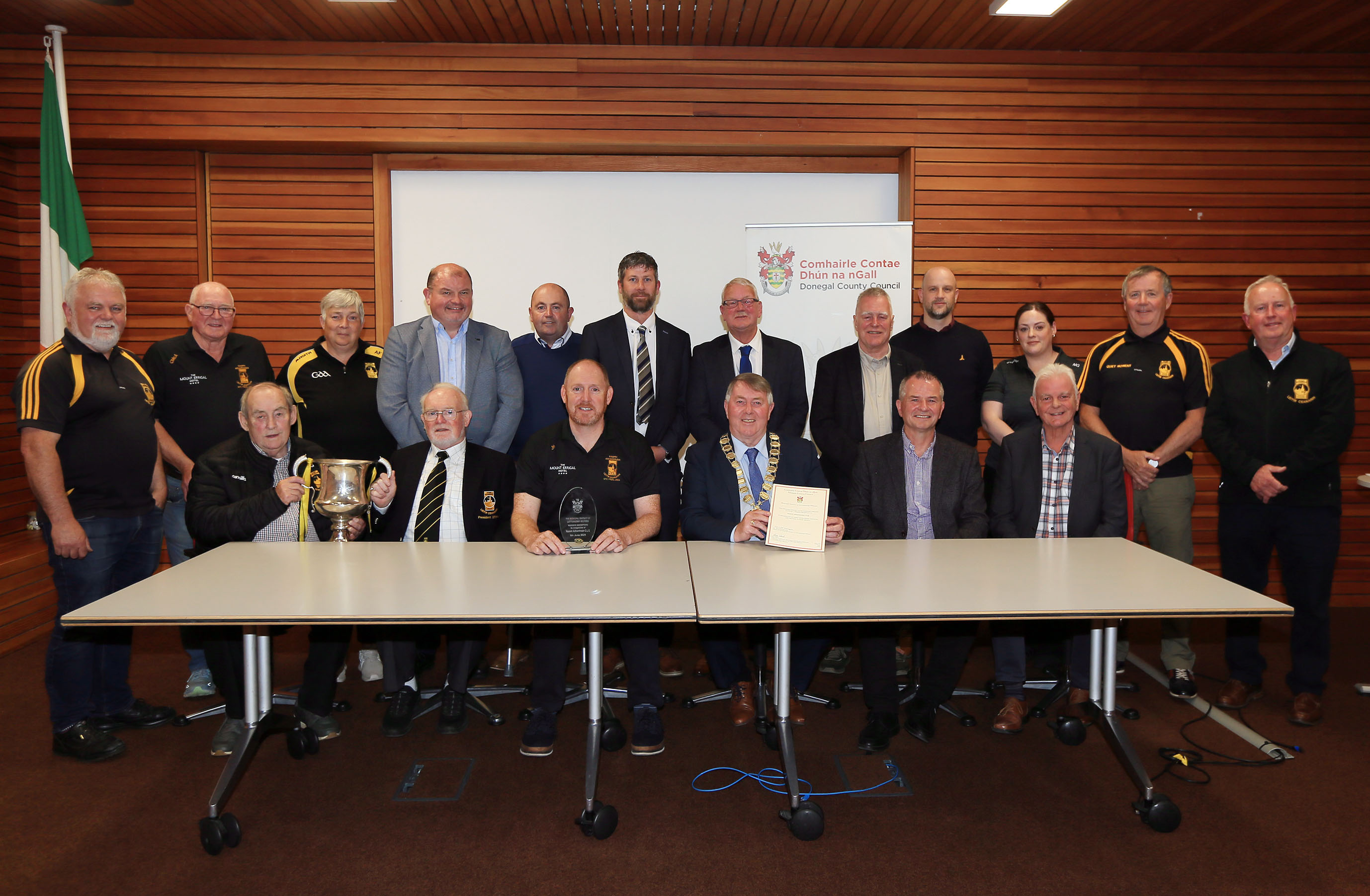 Members of St. Eunan's GAA Club with Donegal County Council officials and councillors including Mayor of Letterkenny-Milford MD Cllr. Gerry McMonagle at the Mayor's Reception in honour of the club in the Letterkenny Public Services Centre on Thursday evening.  Picture: Declan Doherty