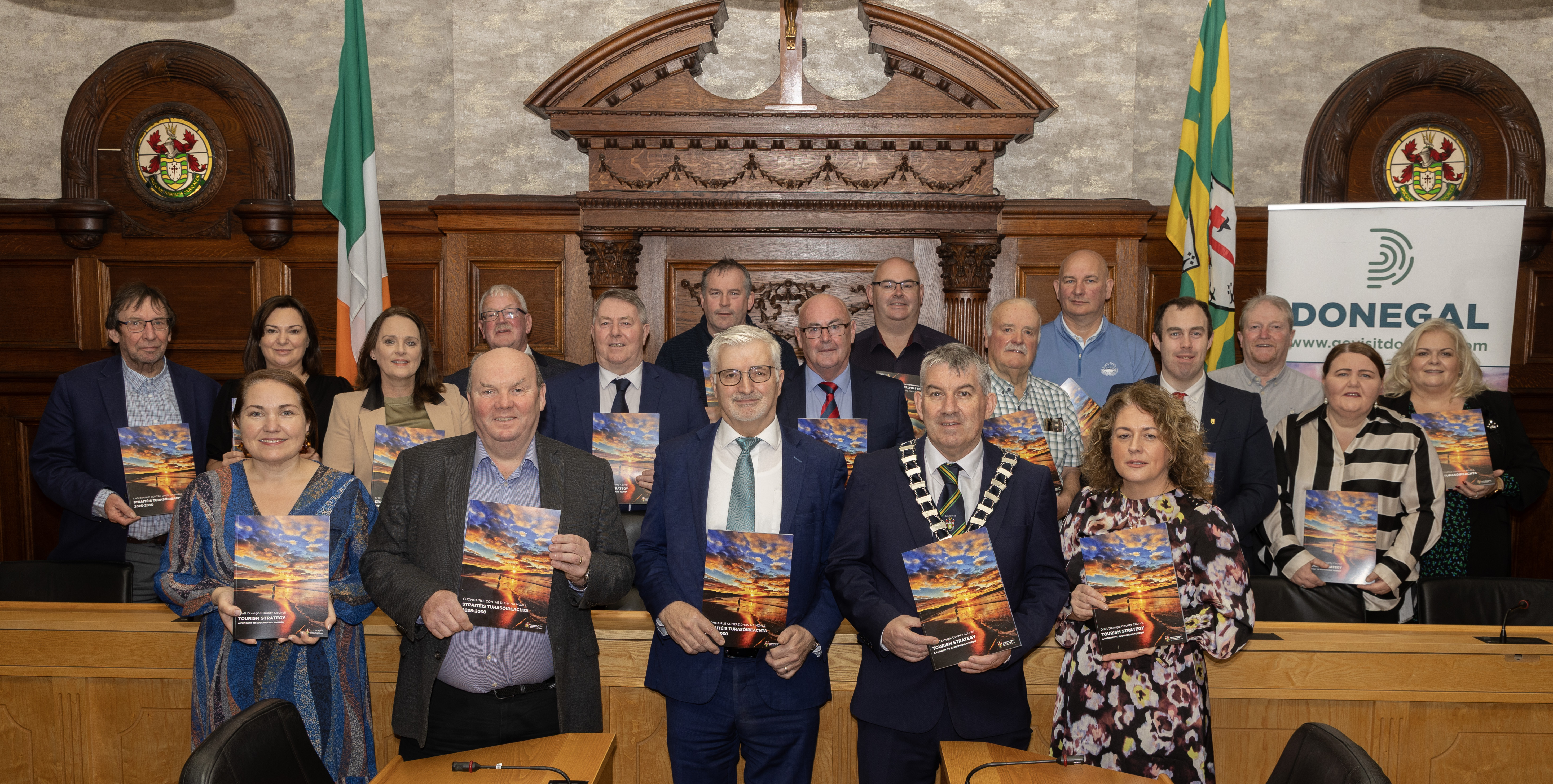 Chief Executive John G. McLaughlin and Cathaoirleach of Donegal County Council Cllr Paul Canning with Elected members and Council Staff at the Launch of the Tourism Strategy in the Council Chamber, Lifford. 
