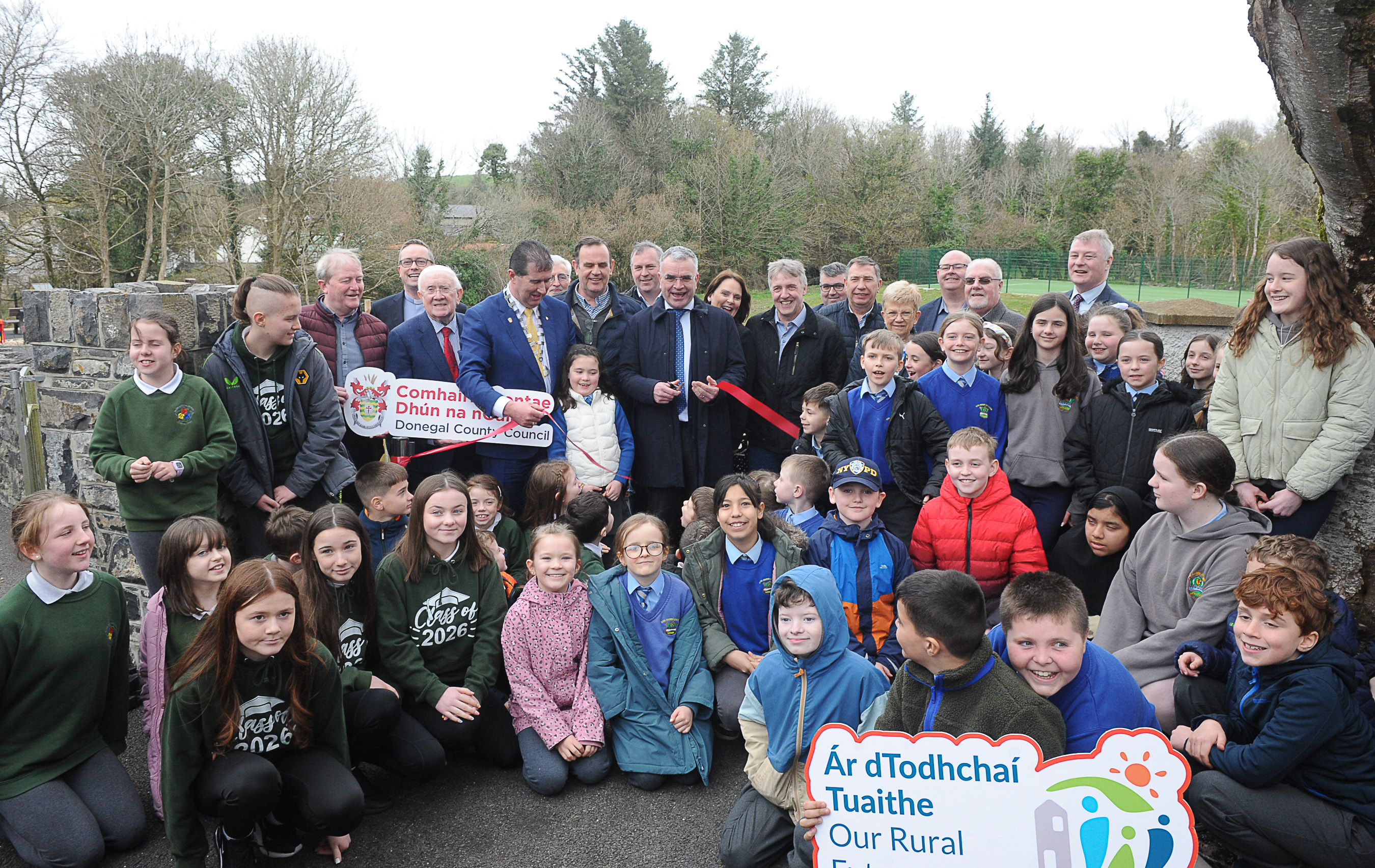 Dara Calleary Minister for Rural and Community Development and the Gaeltacht pictured performing the official opening of the new play park in Laghey with help of local school children, local representatives and park committee members. Photo by Gerard McHugh