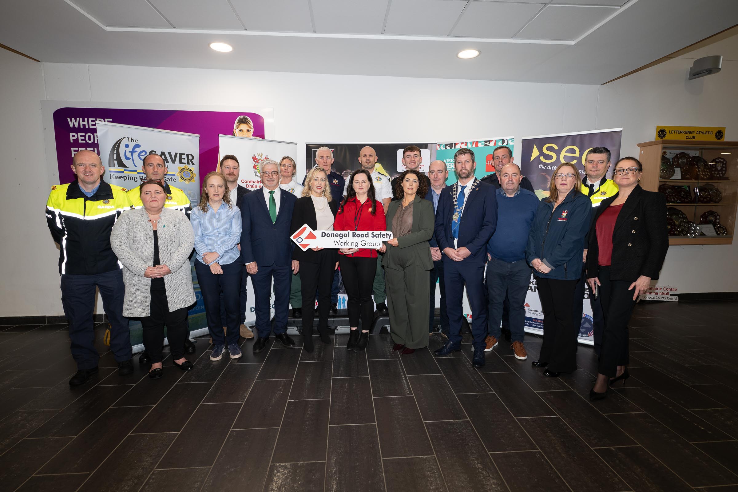 Members of the Donegal Road Safety Working Group, Elected Members, Council Staff and Stakeholders at the AXA Roadsafe Roadshow in the Aura, Letterkenny (Picture: Clive Wasson)