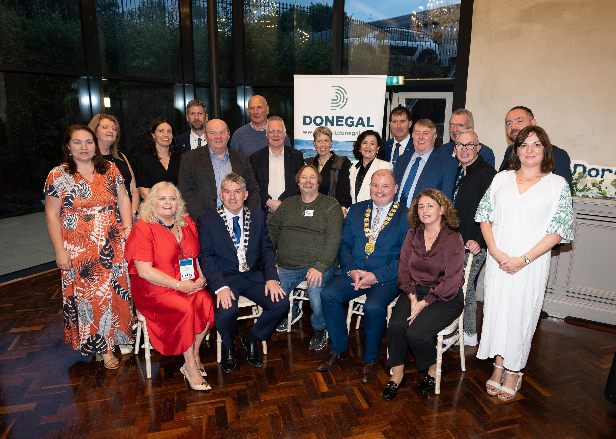 Rick Calvert, CEO TBEX seated centre with Elected Members, Council Staff, Local Organisers and Supporters at the start of the TBEX Europe 2025 hosted by Donegal County Council in Rockhill House on Tuesday last.  Photo Clive Wasson