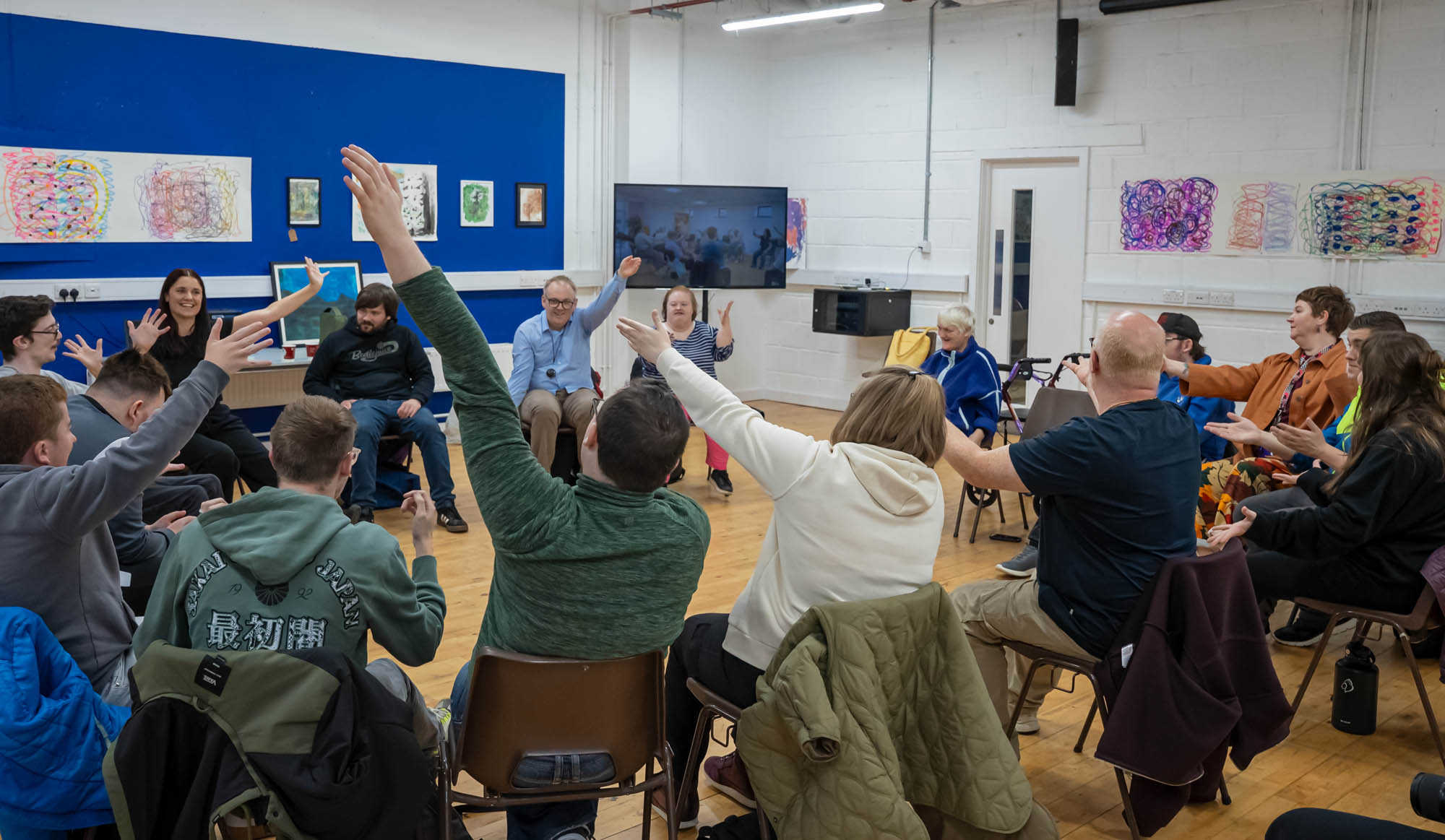 Participants exploring creative movement and mindfulness with creative practitioners Ayesha Mailey and Kieran Smyth. Photo Credit: Alan McLaughlin