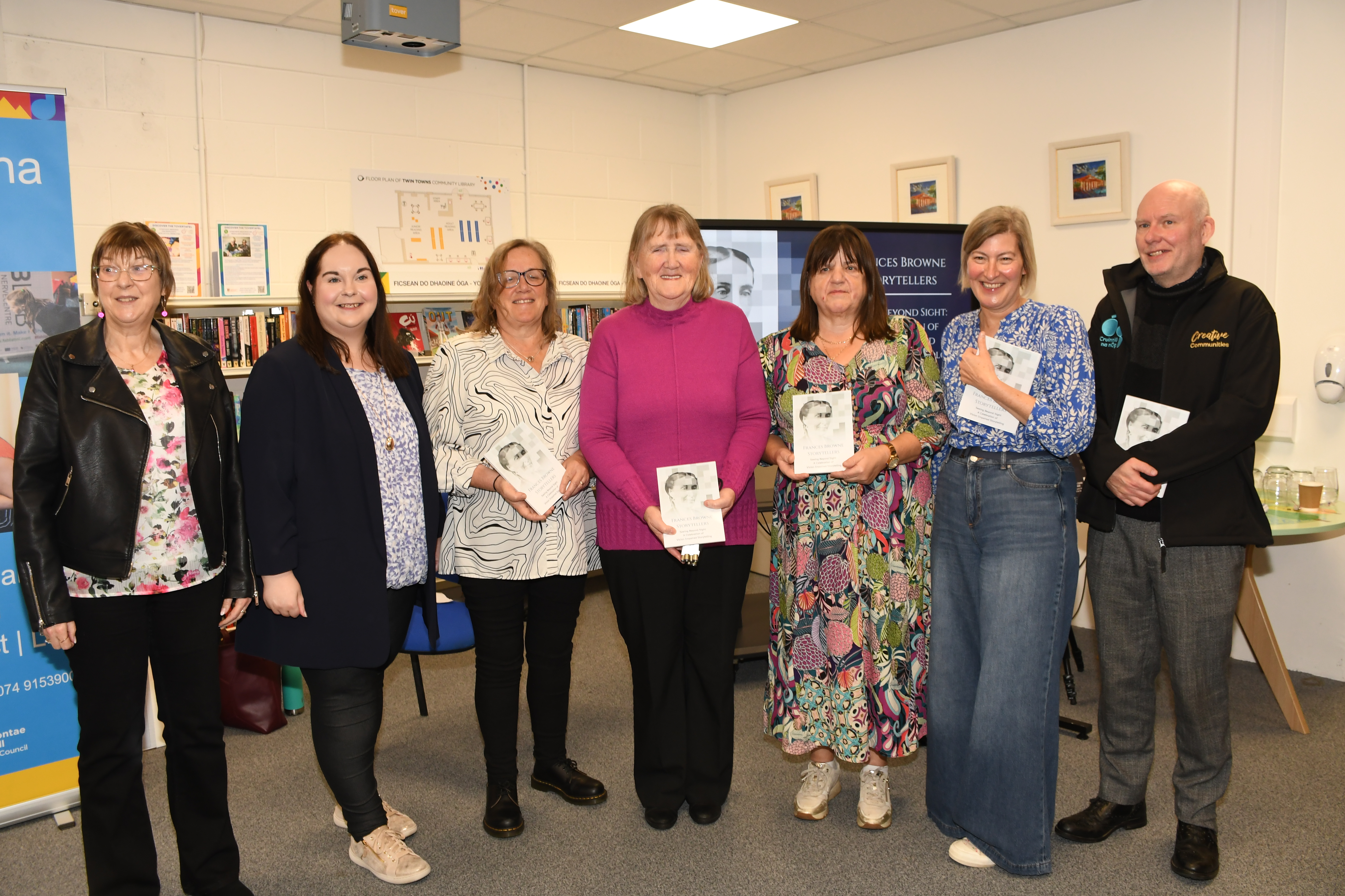Writers and organisers celebrate the launch of Frances Browne Storytellers: Seeing Beyond Sight at Twin Towns Library, Stranorlar. Pictured L-R): Maura Meaney, Sinead Noonan, Petrina Finn, Margaret Kelly, Geraldine Conway, Isla McGuckin and Daithí Ramsay.