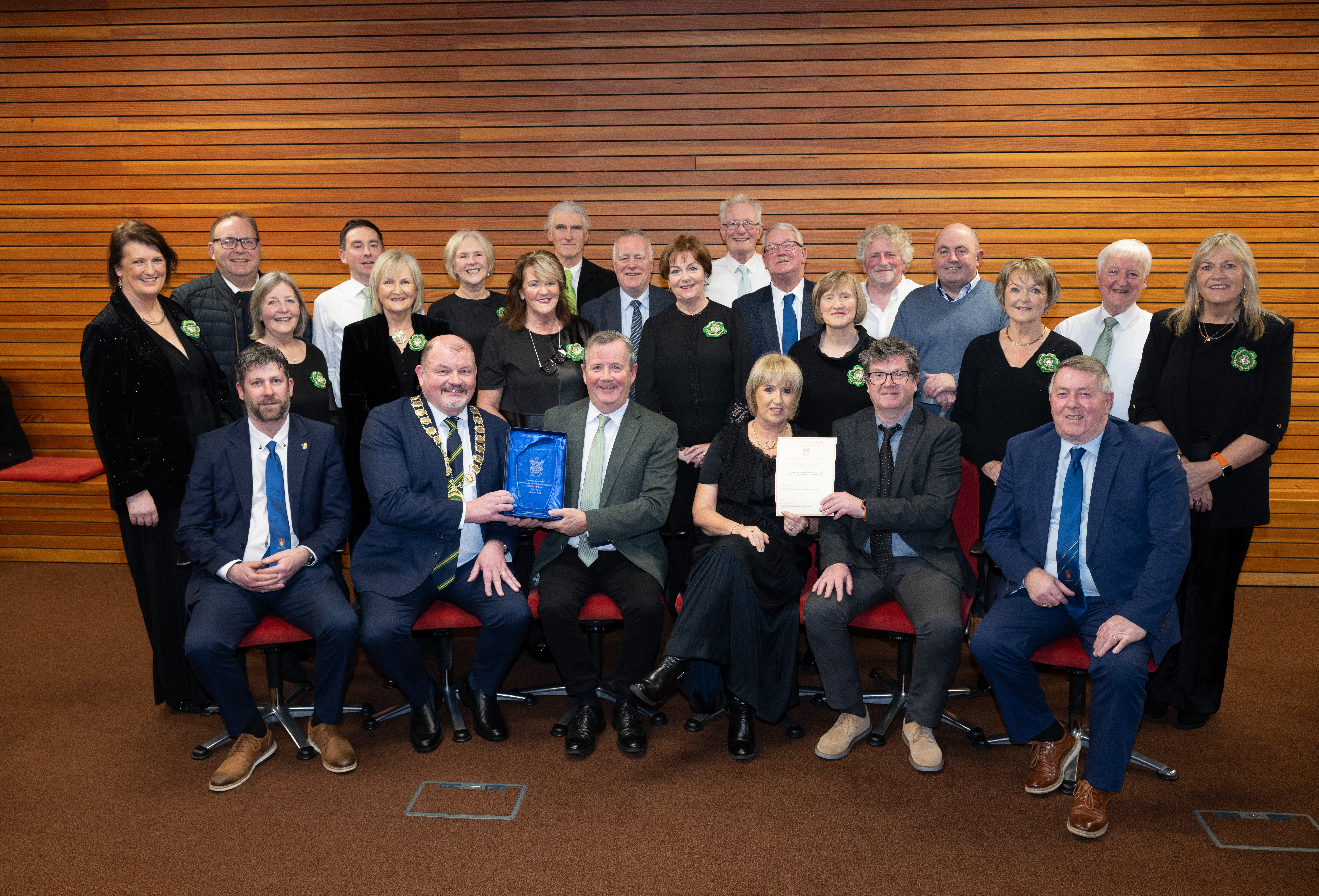 Cllr Ciaran Brogan, Mayor of Letterkenny-Milford MD, with Elected Members and  Seamus Canning, Area Manager, making a presentation to Micheal Ó Giobúin and Anne Nicholls of Cór Ailigh at the Mayor's Reception for Cór Ailigh who celebrate their 25th Anniversary this year.  Photos Clive Wasson