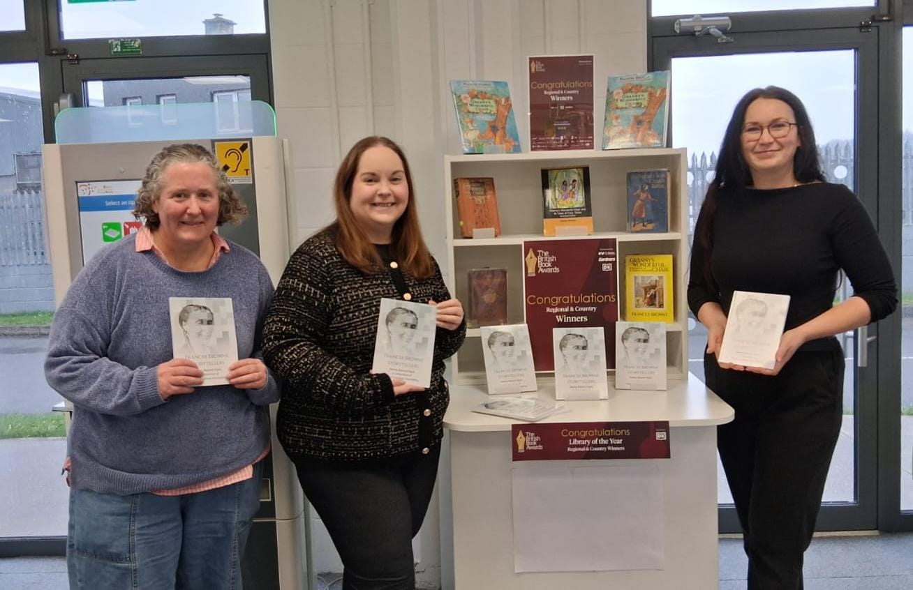 Staff at Twin Towns Library celebrating the announcement of winning Island of Ireland Library of the Year from The British Book Awards. L-R Ursula McKenna - Library Assistant, Sinead Noonan - Executive Librarian and Aine Taylor - Senior Library Assistant.