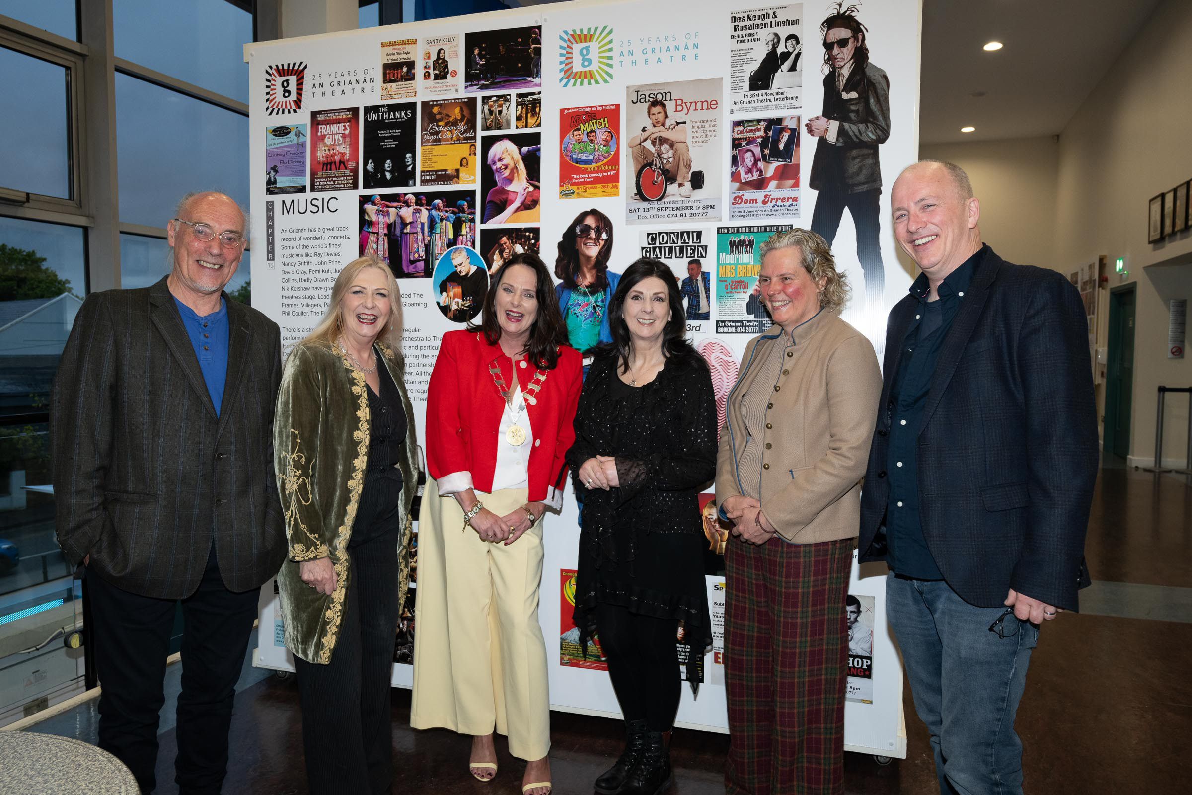 Traolach Ó Fionnáin, Arts Officer, Mairéad Ní Mhaonaigh, Cllr. Niamh Kenney, Cathaoirleach Donegal county Council, Moya Brennan, Dr. Marie Hainsworth, CEO Donegal Domestic Violence Services and Andrew McNulty, Arts Officer at the Cathaoirleach’s Concert in An Grianan Theatre in support of Donegal Domestic Violence Service on Friday last. Photo Clive Wasson