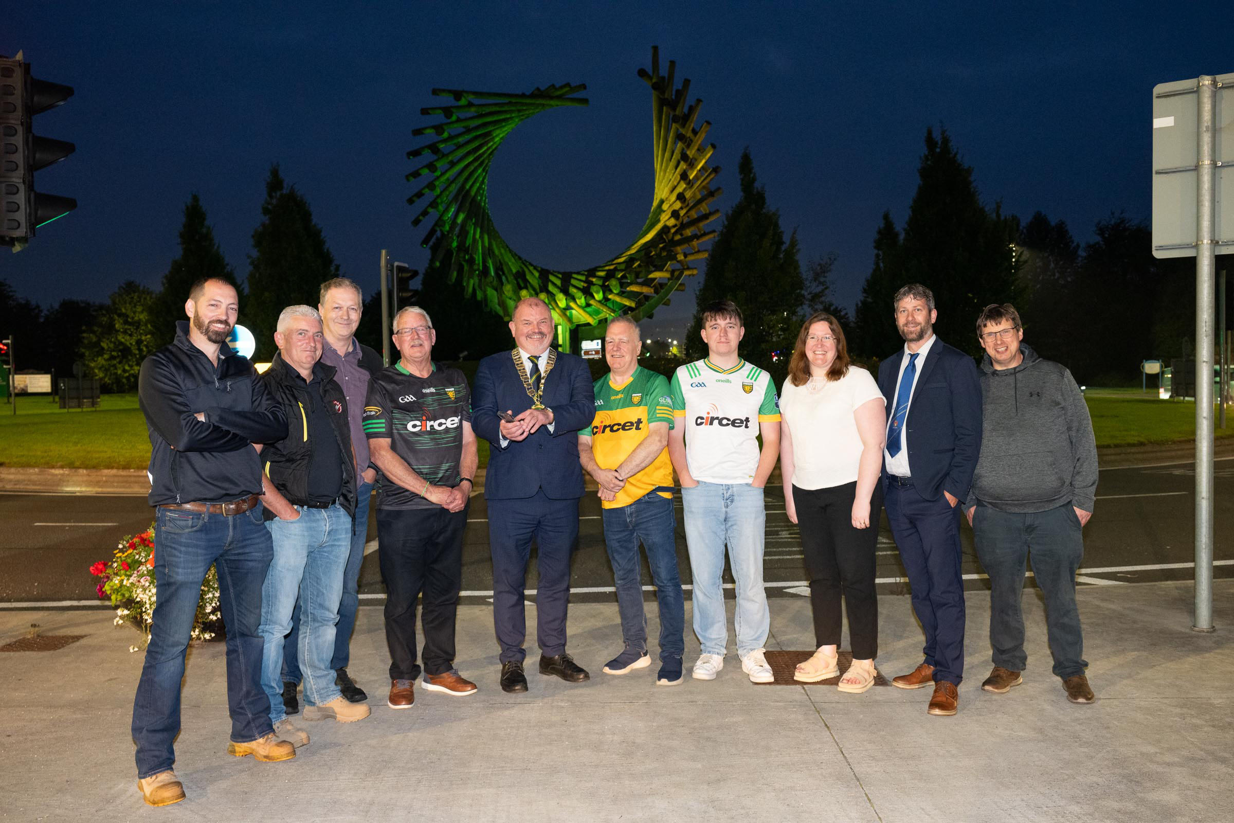 Pictured at the Launch of the new Lighting System at the Polestar Roundabout L-R Ciaran McEleney, DCC, Liam O'Hara, O'Hara Harrison Electical Contractors, Sean Flanagan, DCC, Cllr Donal Coyle, Mayor of Letterkenny-Milford MD Cllr Ciaran Brogan, Cllr Jimmy Kavanagh, Odhran Brogan, Christina O'Donnell, DCC, Cllr Donal Mandy Kelly, David McIlwaine, DCC, . Photo Clive Wasson