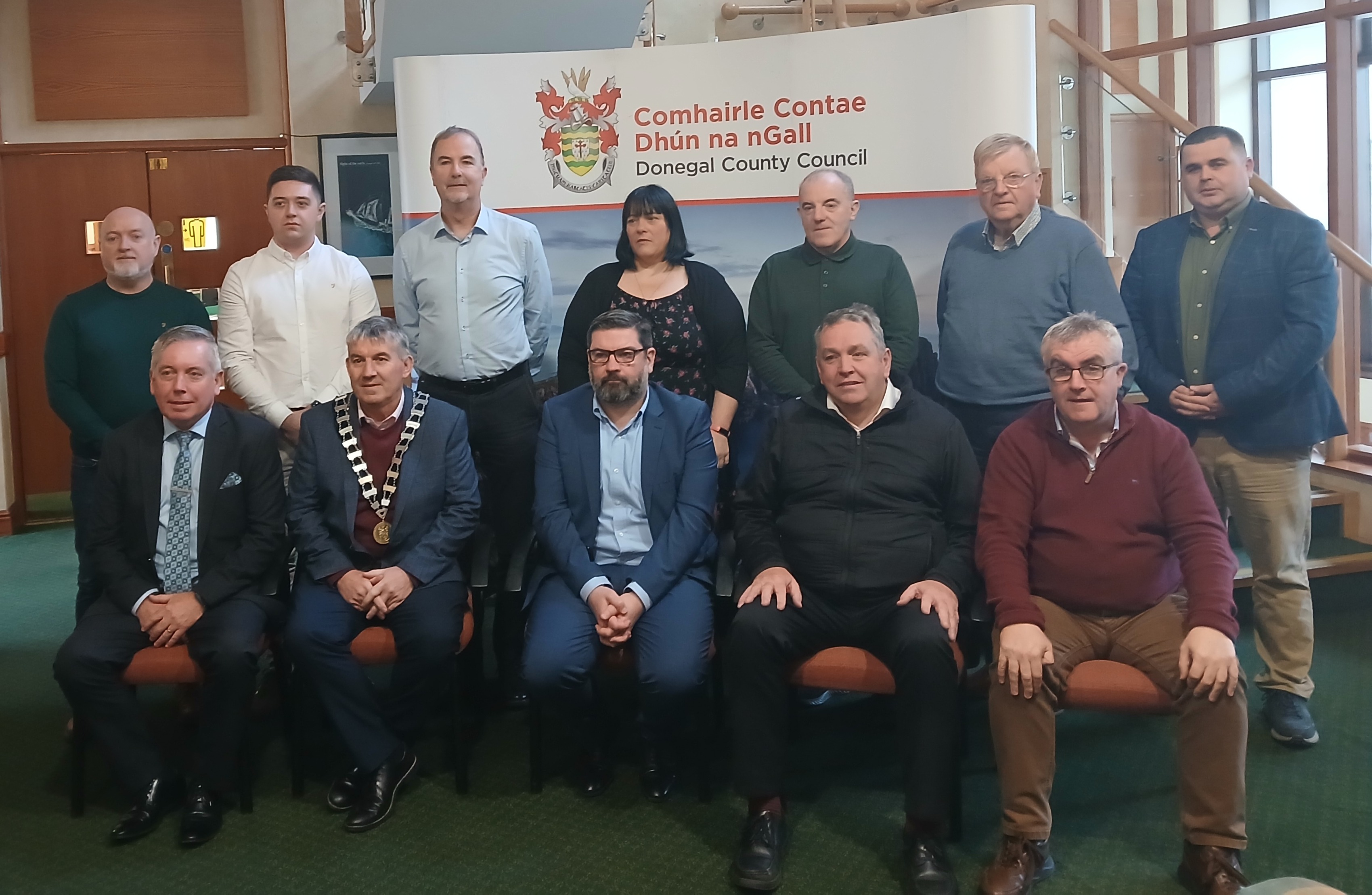 Cathaoirleach Cllr Paul Canning, Chair of the A5 N2 Cross-Border Committee, and Cllr Martin Scanlon with Representatives from the A5 N2 Cross-Border Committee and the A5 Enough is Enough Committee at a meeting in County House Lifford